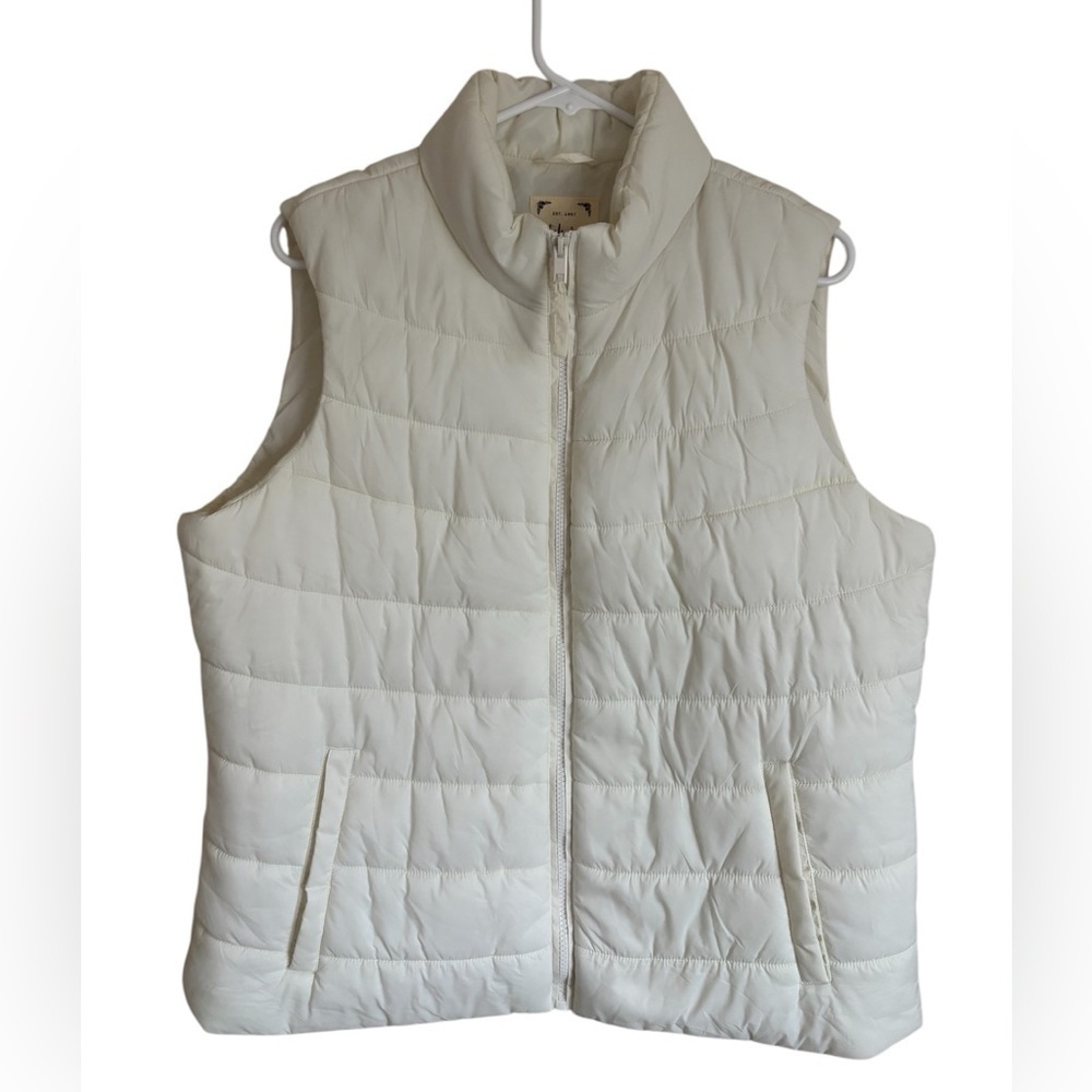 Style & Co. Vest White Quilted Full Zip Puffer Ivory Sleeveless Pockets Size XL